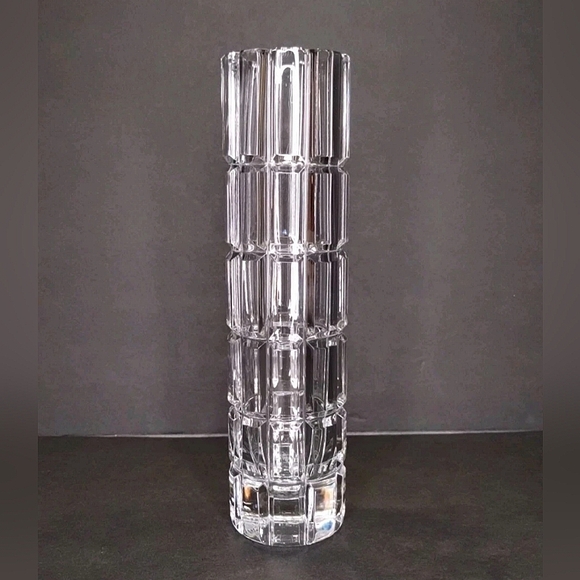 Vintage 80s Cartier Clear Crystal Beveled Cylindrical Flower Bud Vase Signed - Picture 1 of 7